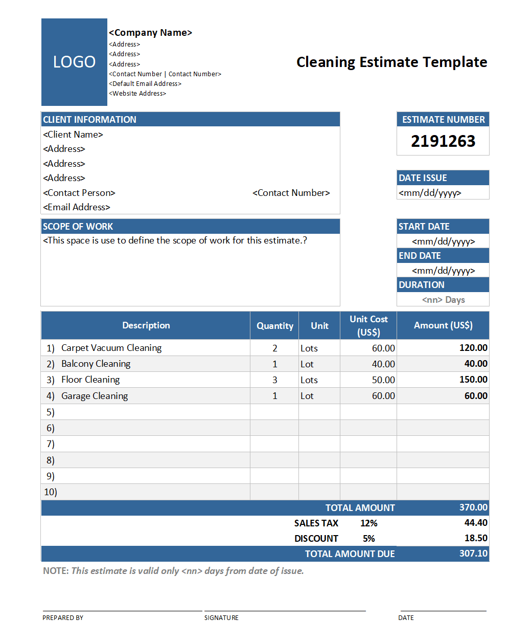 Work Estimate Template Sample Work Estimate Template Sample