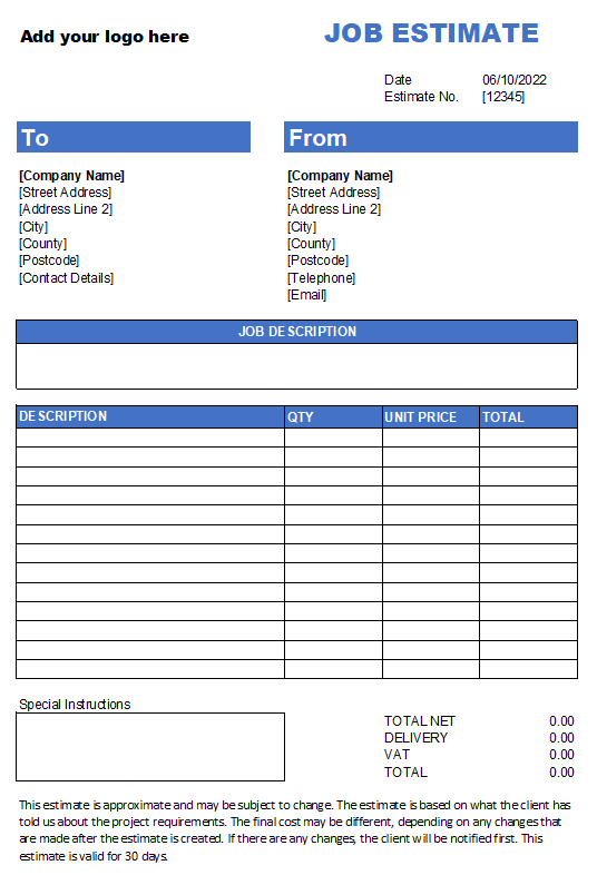 Work Estimate Template Work Estimate Template