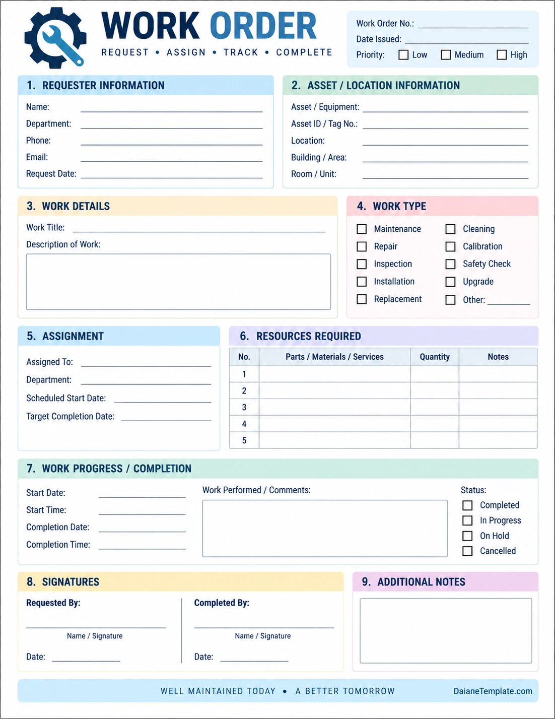 Printable work order template for maintenance, repair, assignment, resources, and completion tracking