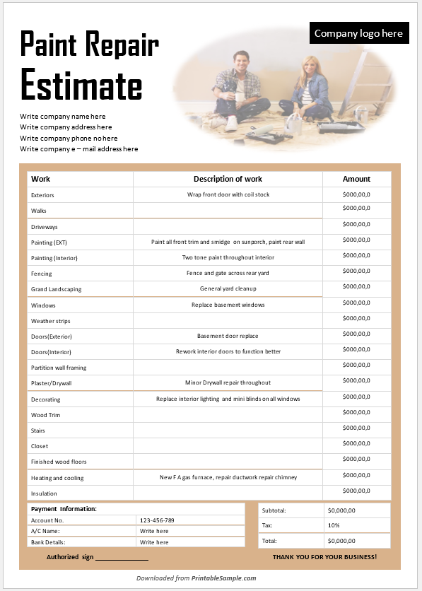 free downloadable painting estimate template free downloadable painting estimate template