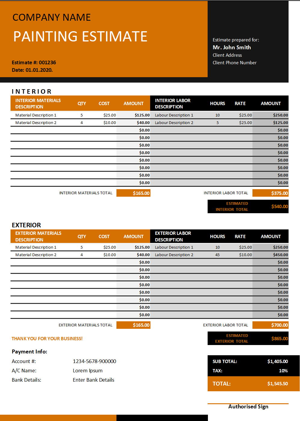 free painting estimate template free painting estimate template