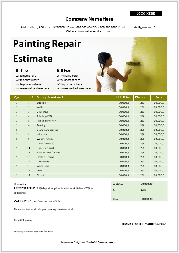 painting estimate form painting estimate form