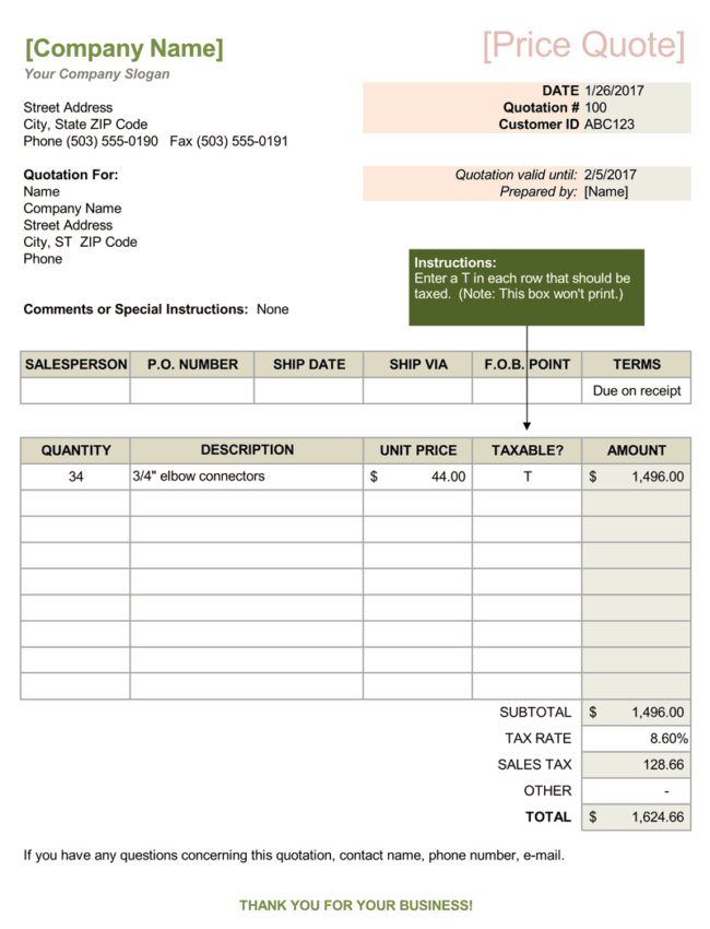 price quotation format in word price quotation format in word