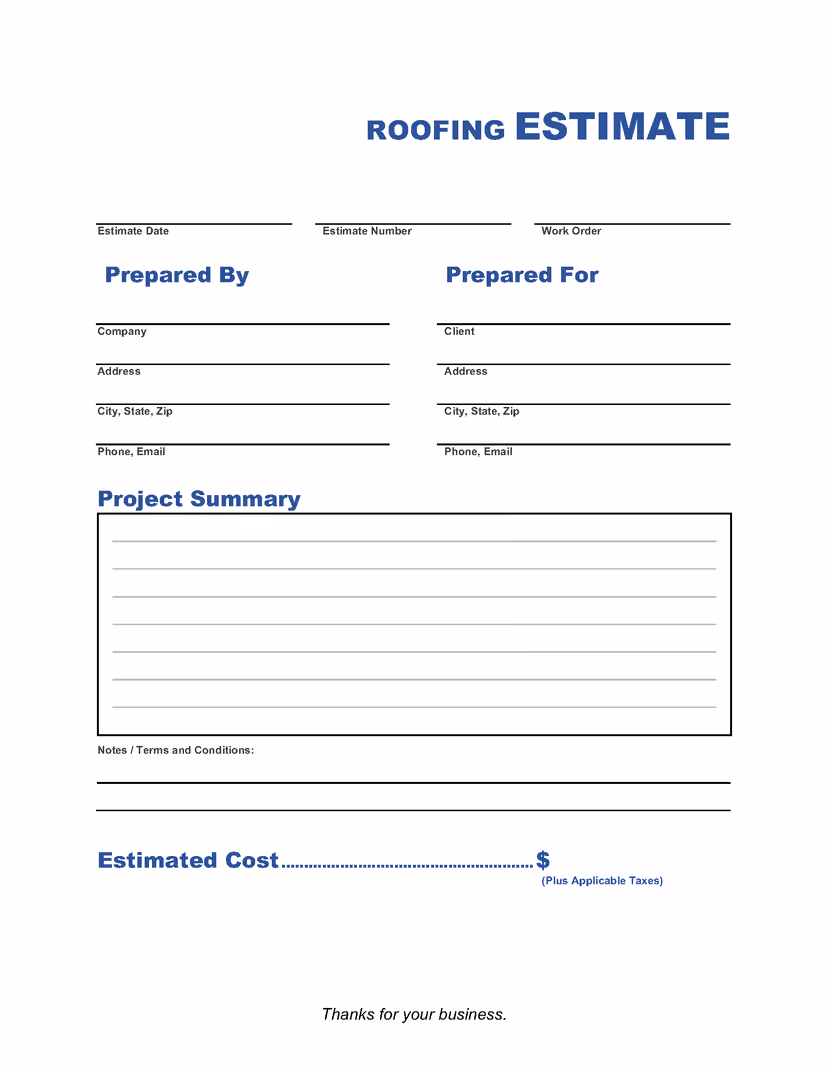 printable roofing estimate form printable roofing estimate form